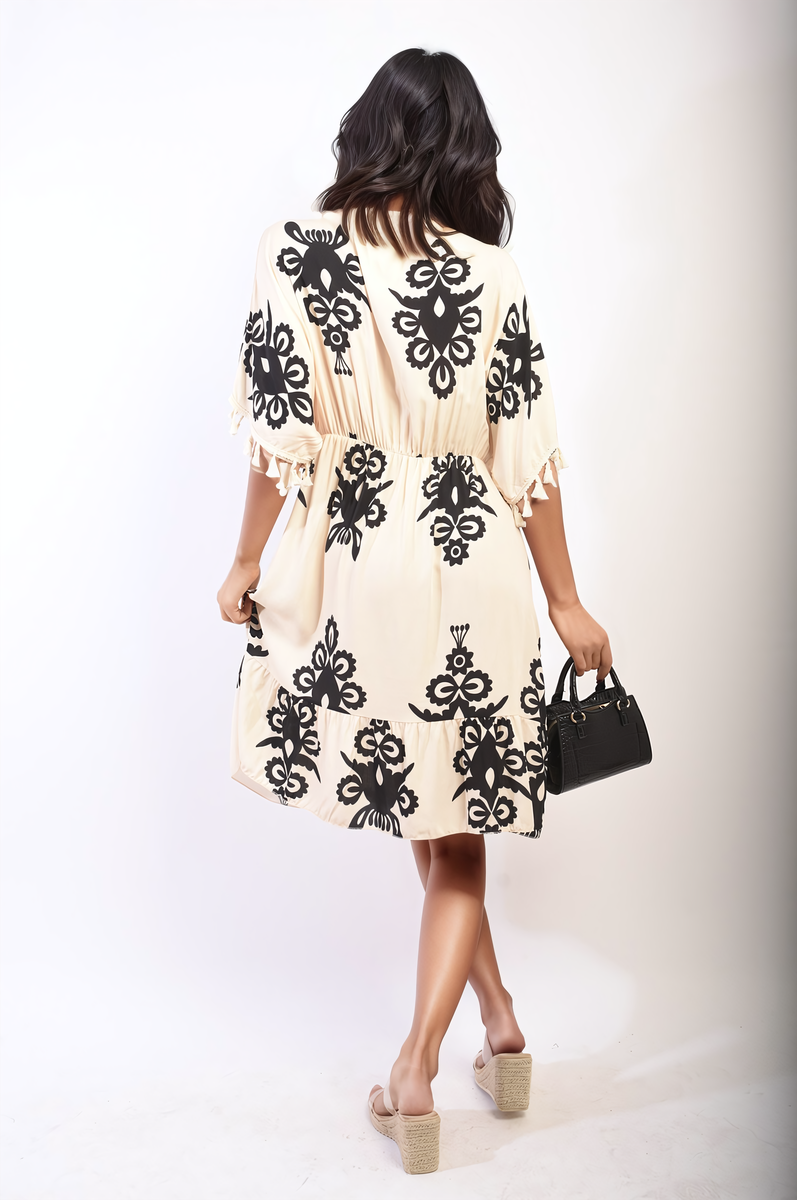 Printed V-Neck Short Sleeve Midi Dress with Tassel Detail-10