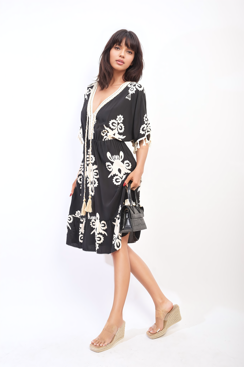 Printed V-Neck Short Sleeve Midi Dress with Tassel Detail-1