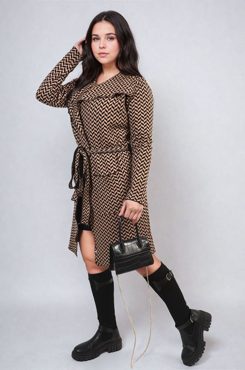 Check Print Full Sleeve Notched Lapel Collar Neck Belted Coat-5