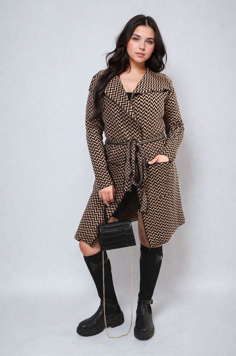 Check Print Full Sleeve Notched Lapel Collar Neck Belted Coat-4