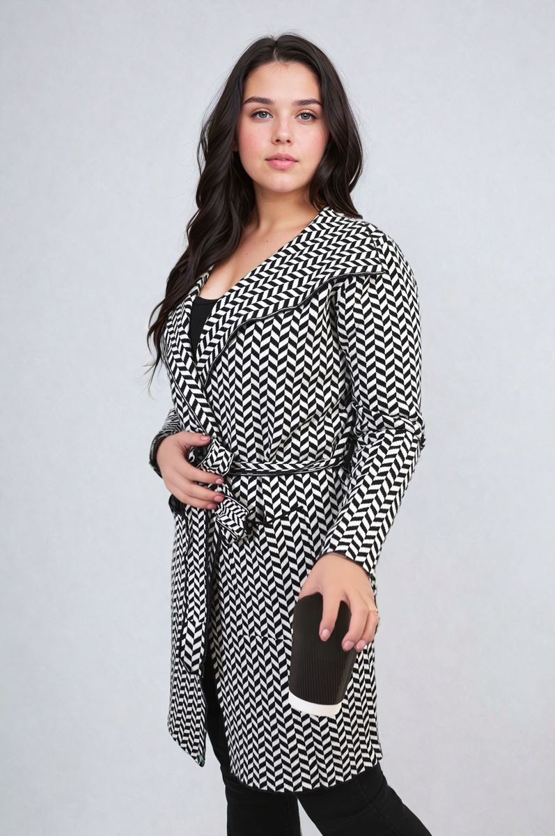 Check Print Full Sleeve Notched Lapel Collar Neck Belted Coat-2