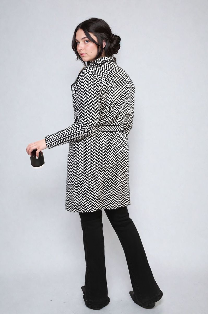 Check Print Full Sleeve Notched Lapel Collar Neck Belted Coat-1