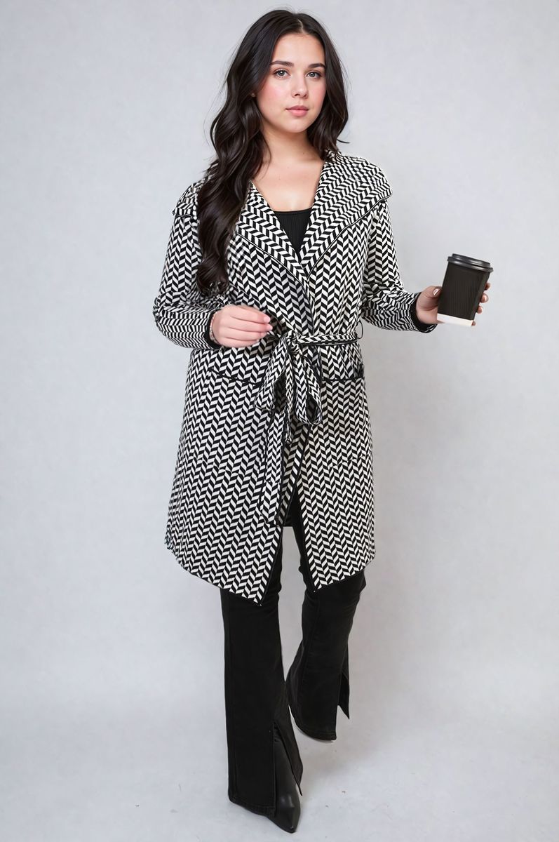 Check Print Full Sleeve Notched Lapel Collar Neck Belted Coat-3