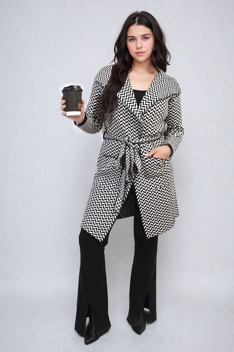 Check Print Full Sleeve Notched Lapel Collar Neck Belted Coat-0