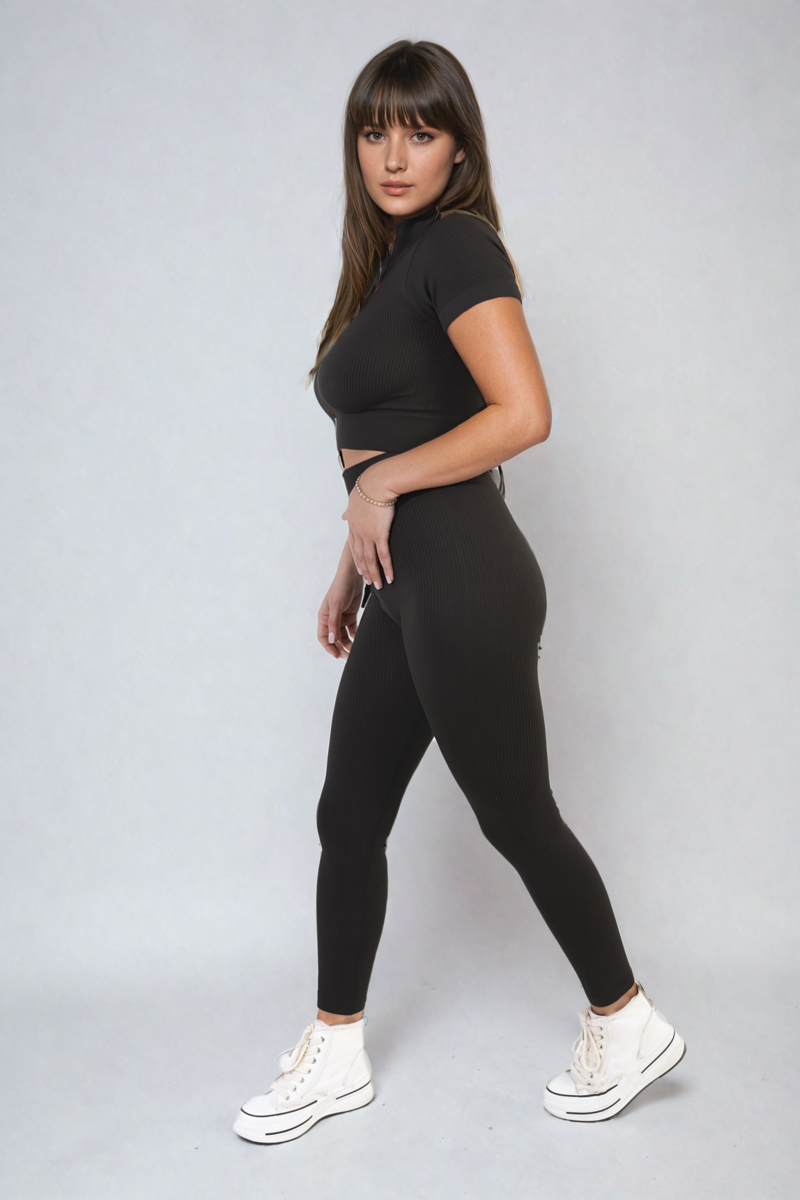 Ribbed Half Zip Crop Top and High Waist Leggings Co-ord Set-11