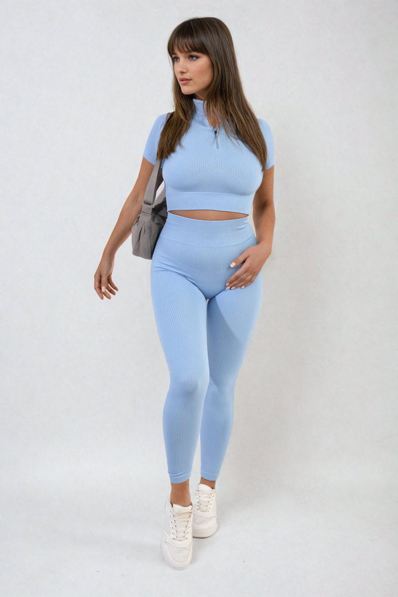 Ribbed Half Zip Crop Top and High Waist Leggings Co-ord Set-9