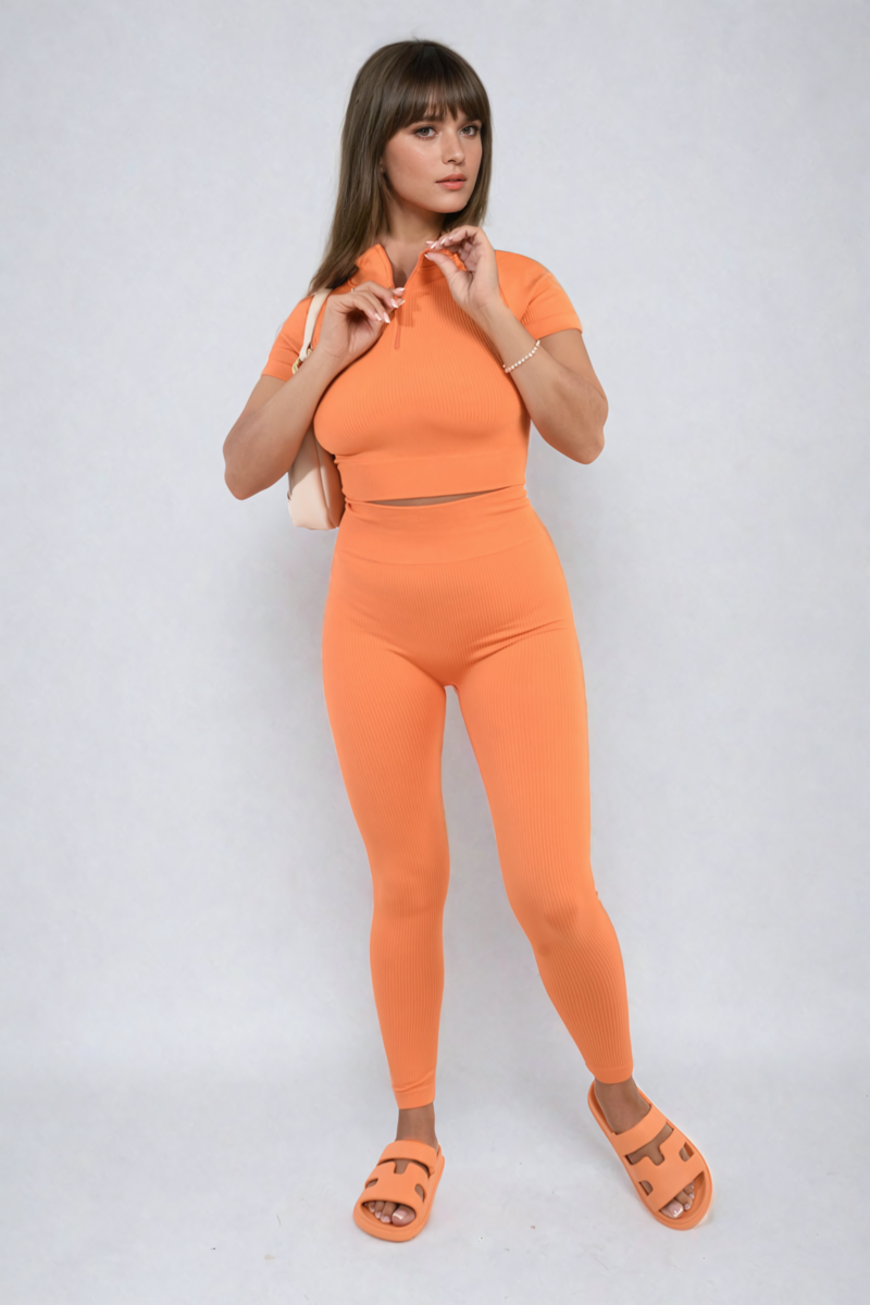 Ribbed Half Zip Crop Top and High Waist Leggings Co-ord Set-8