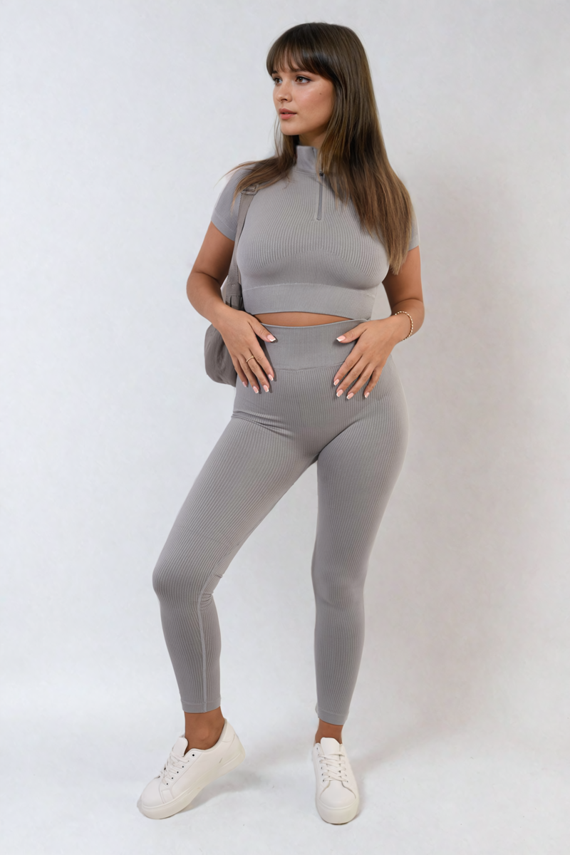 Ribbed Half Zip Crop Top and High Waist Leggings Co-ord Set-7