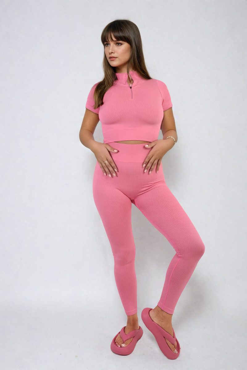 Ribbed Half Zip Crop Top and High Waist Leggings Co-ord Set-5