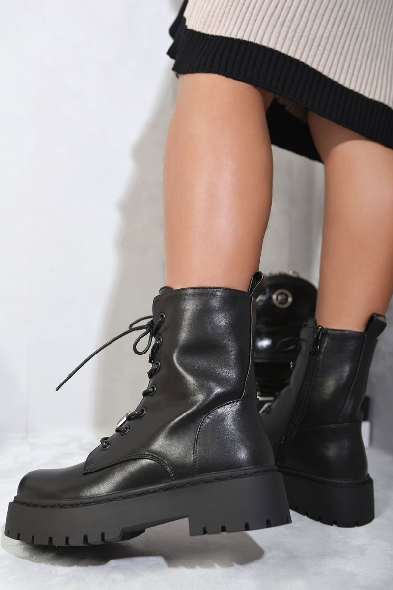 Zip Lace Up Chunky Biker Boots with Decor Details-5