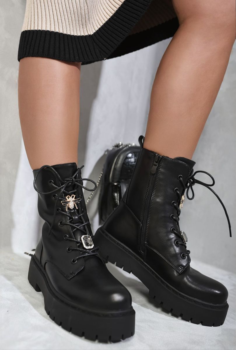 Zip Lace Up Chunky Biker Boots with Decor Details-4