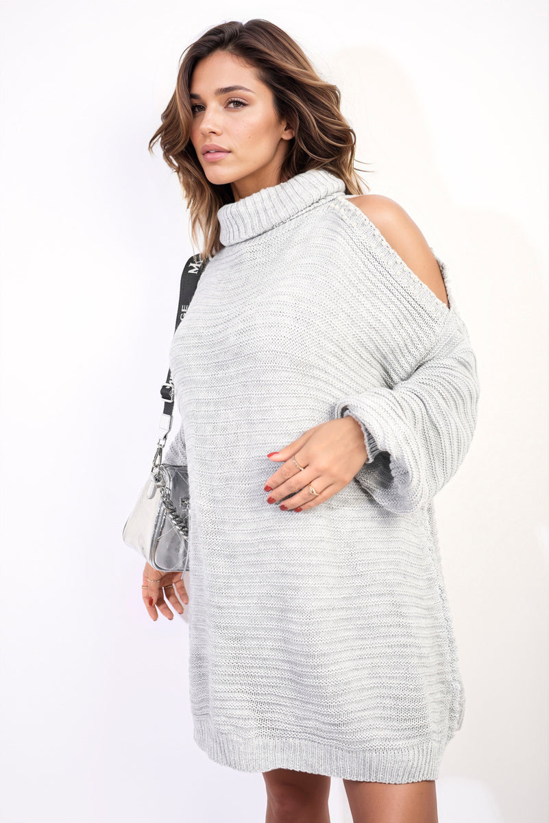 High Neck Oversized Open Shoulder Long Sleeve Knitted Jumper-0