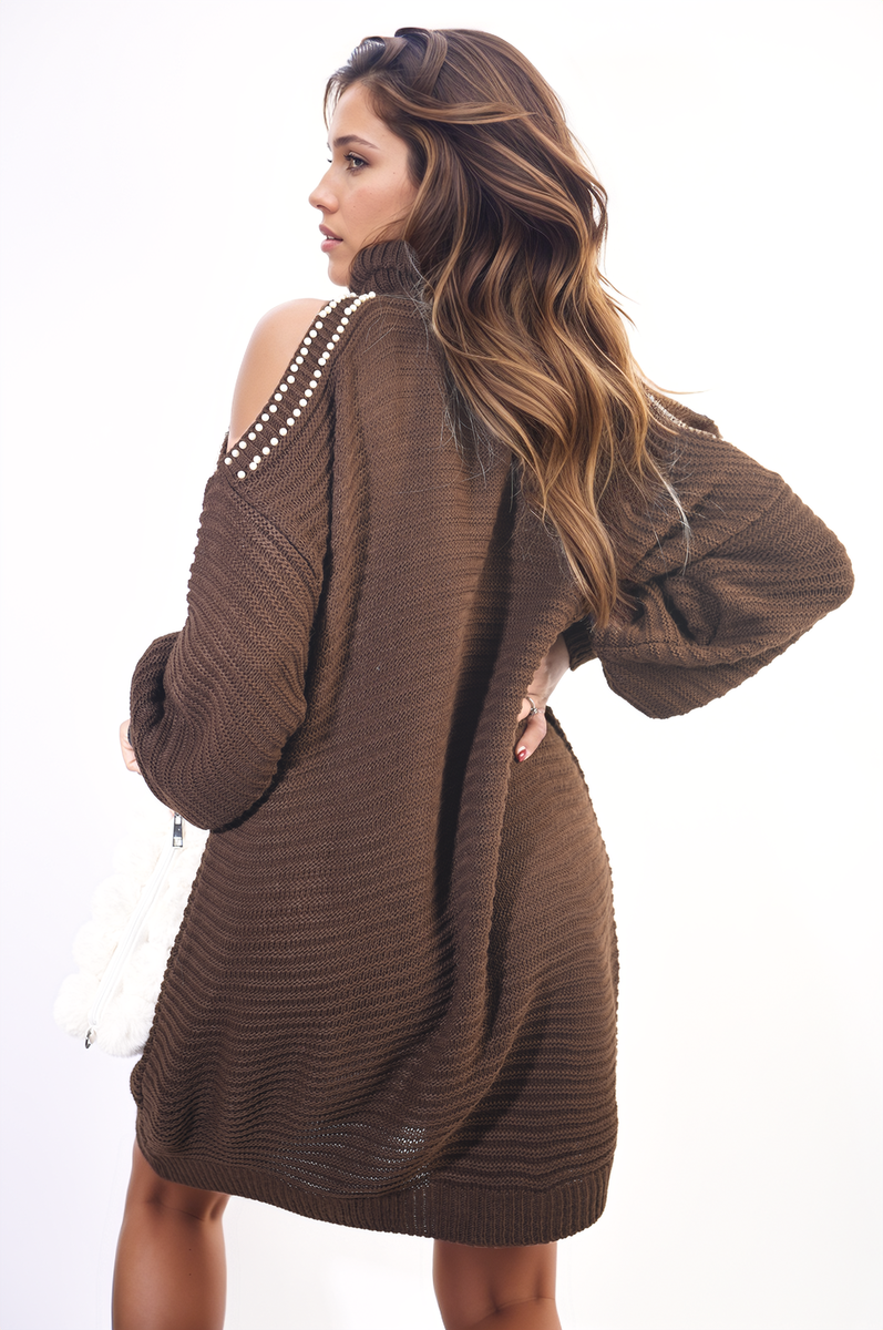 High Neck Oversized Open Shoulder Long Sleeve Knitted Jumper-1