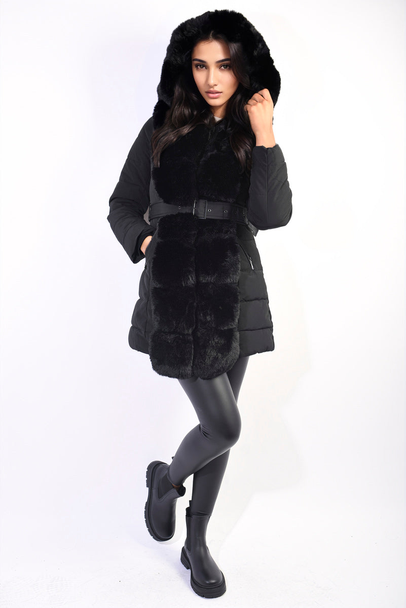 Padded Faux Fur Trim Longline Coat-4