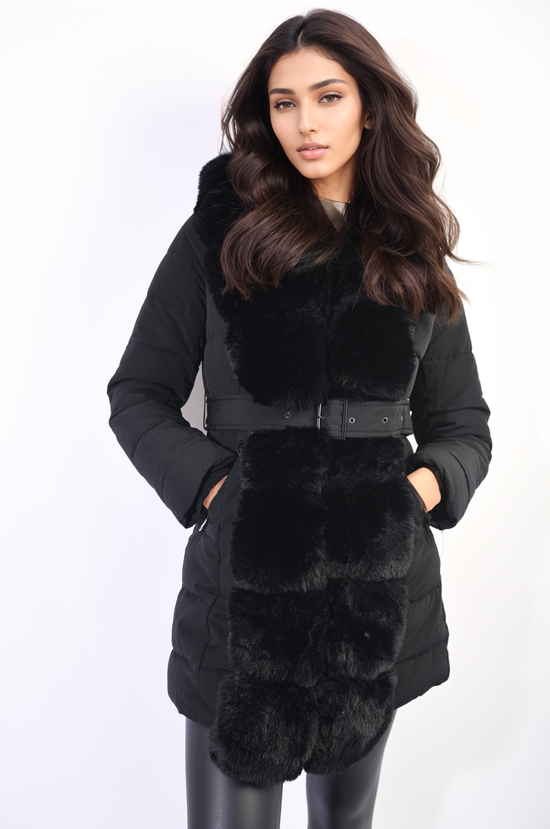 Padded Faux Fur Trim Longline Coat-2