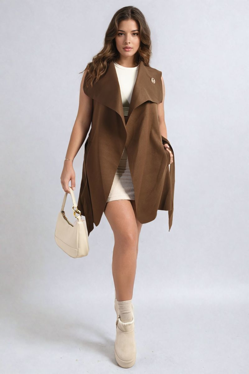 Wide Lapel Sleeveless Belted Jacket-5