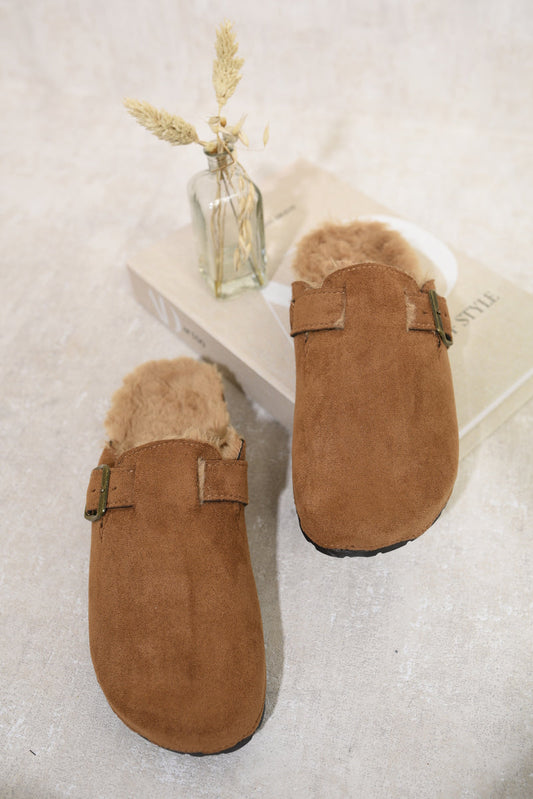 Suede Flip-Flops Sandals With Fur-0