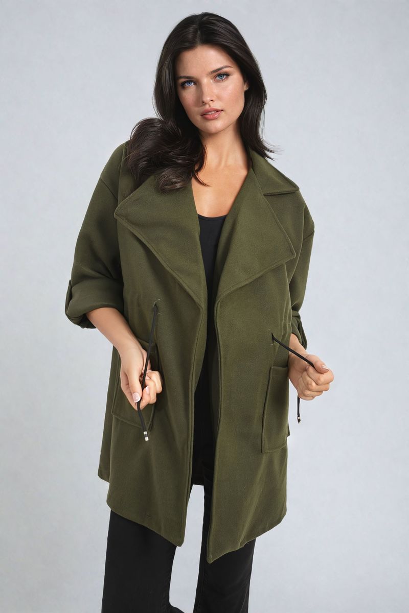 Roll Tab Sleeve Drawstring Waist Open Front Trench Coat Jacket-9