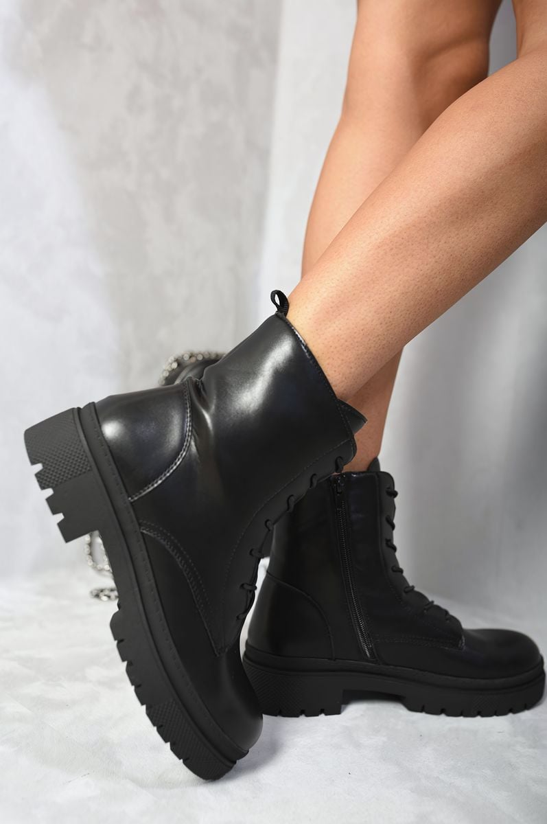 Lace Up Side Zip Chunky Ankle Boots-1