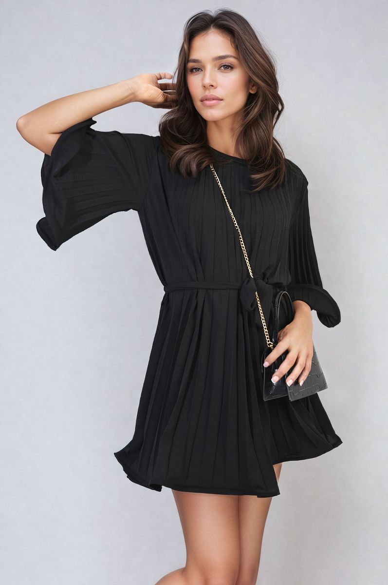 Pleated Tie Waist Mini Dress-7