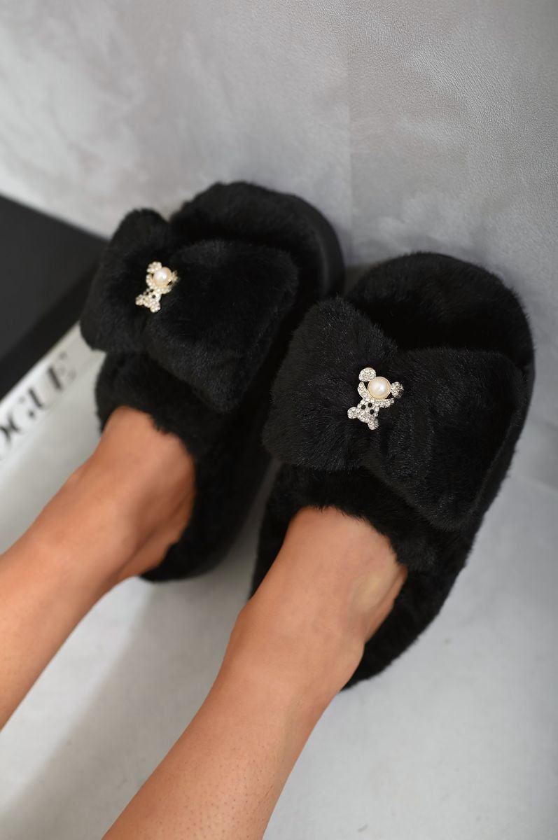 Teddy Bear Bow Faux Fur Fluffy Slippers-3