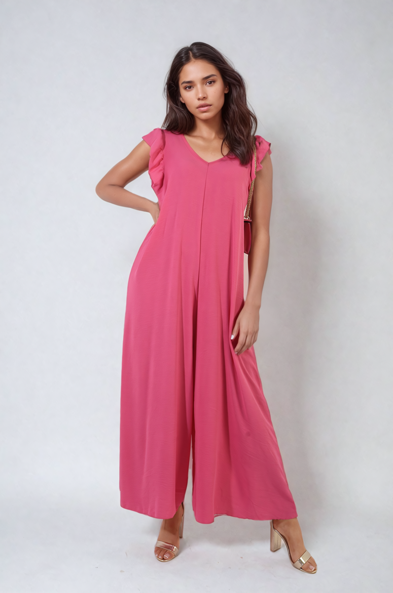 Ruffle Sleeve V-Neck Loose Waist Wide Leg Jumpsuit-7