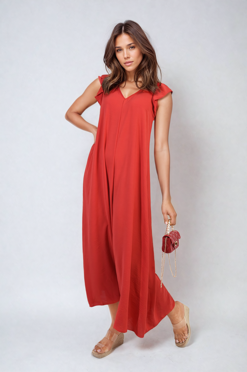 Ruffle Sleeve V-Neck Loose Waist Wide Leg Jumpsuit-2