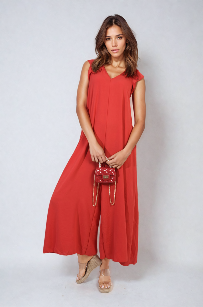 Ruffle Sleeve V-Neck Loose Waist Wide Leg Jumpsuit-0