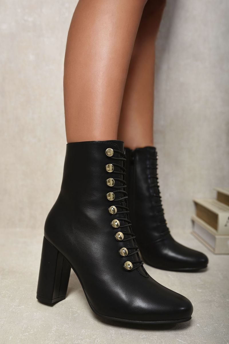 Button Detail Block Heel Lace Up Ankle Boots-1