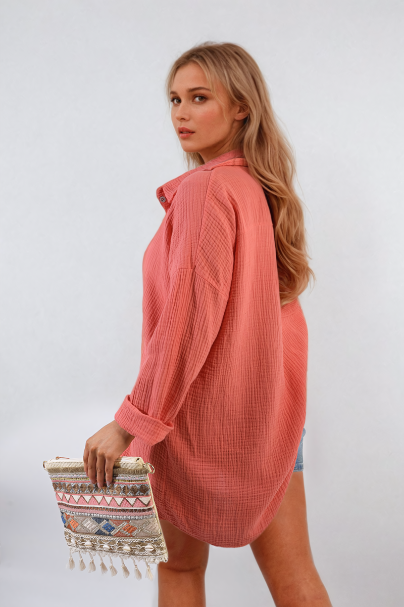 Button Down Long Sleeve Oversized Shirt-14