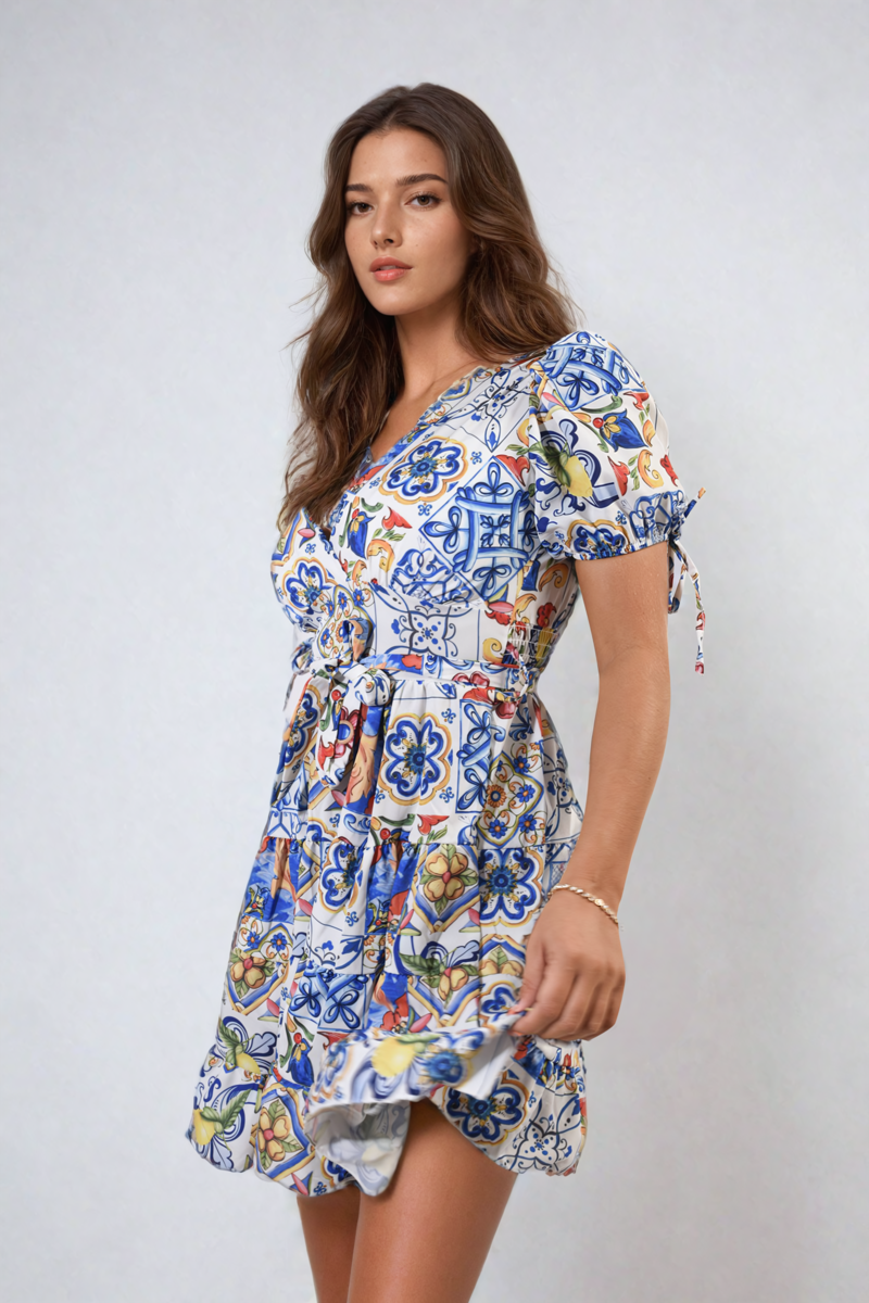 Floral V-Neck Tie Waist Mini Dress-7