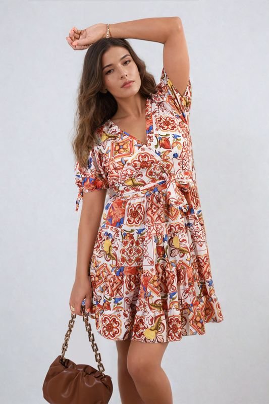 Floral V-Neck Tie Waist Mini Dress-0