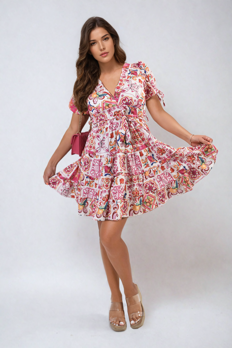 Floral V-Neck Tie Waist Mini Dress-4