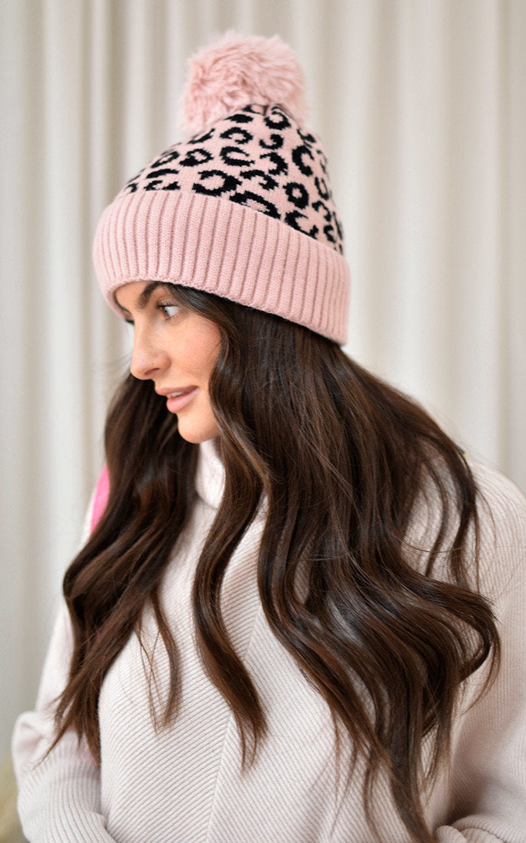 Faux Fur Lined Beanie Leopard Hat-4