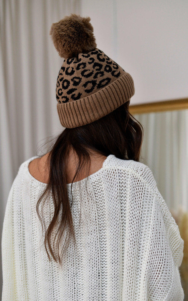 Faux Fur Lined Beanie Leopard Hat-2