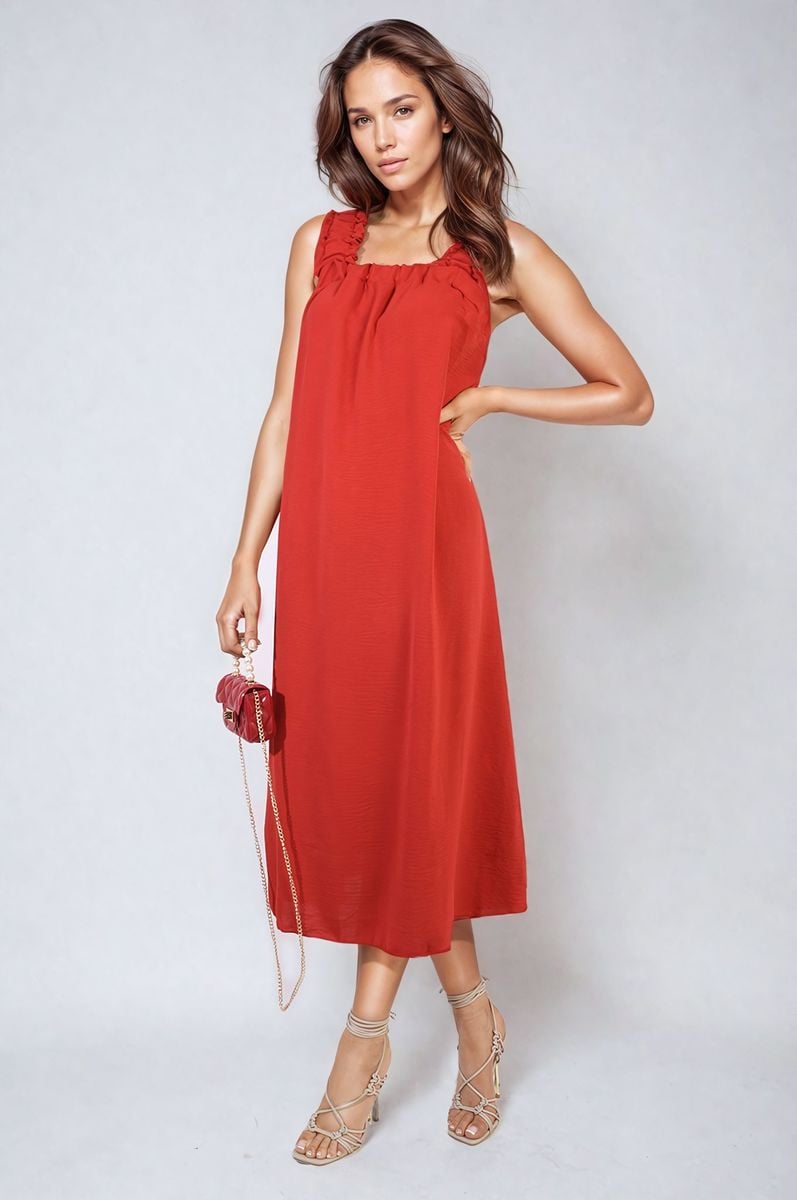 Square Neckline Ruffle Straps Tie Detail Beach Midi Dress-4