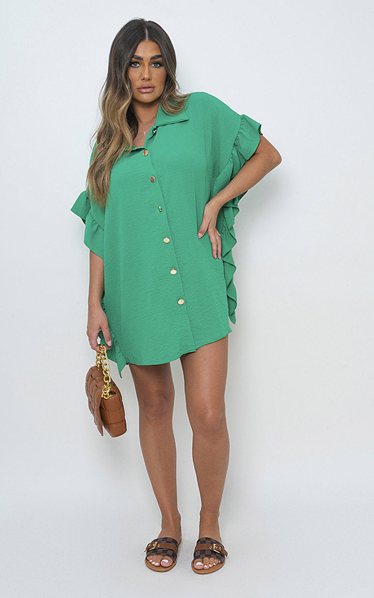 Button Down Ruffle Sleeve Shirt Dress-5