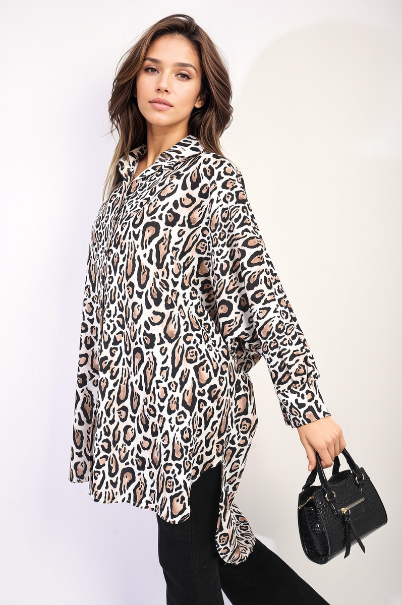 Oversized Long Sleeve Leopard Print Shirt Dress-0