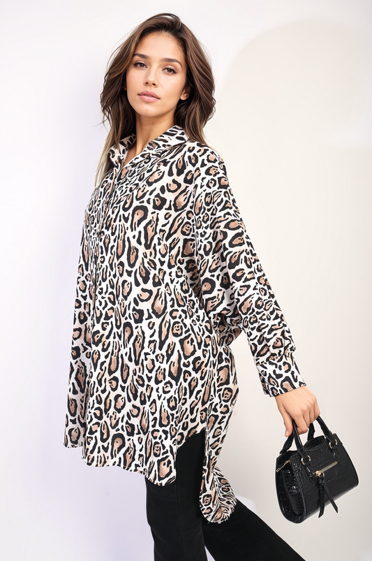 Oversized Long Sleeve Leopard Print Shirt Dress-0