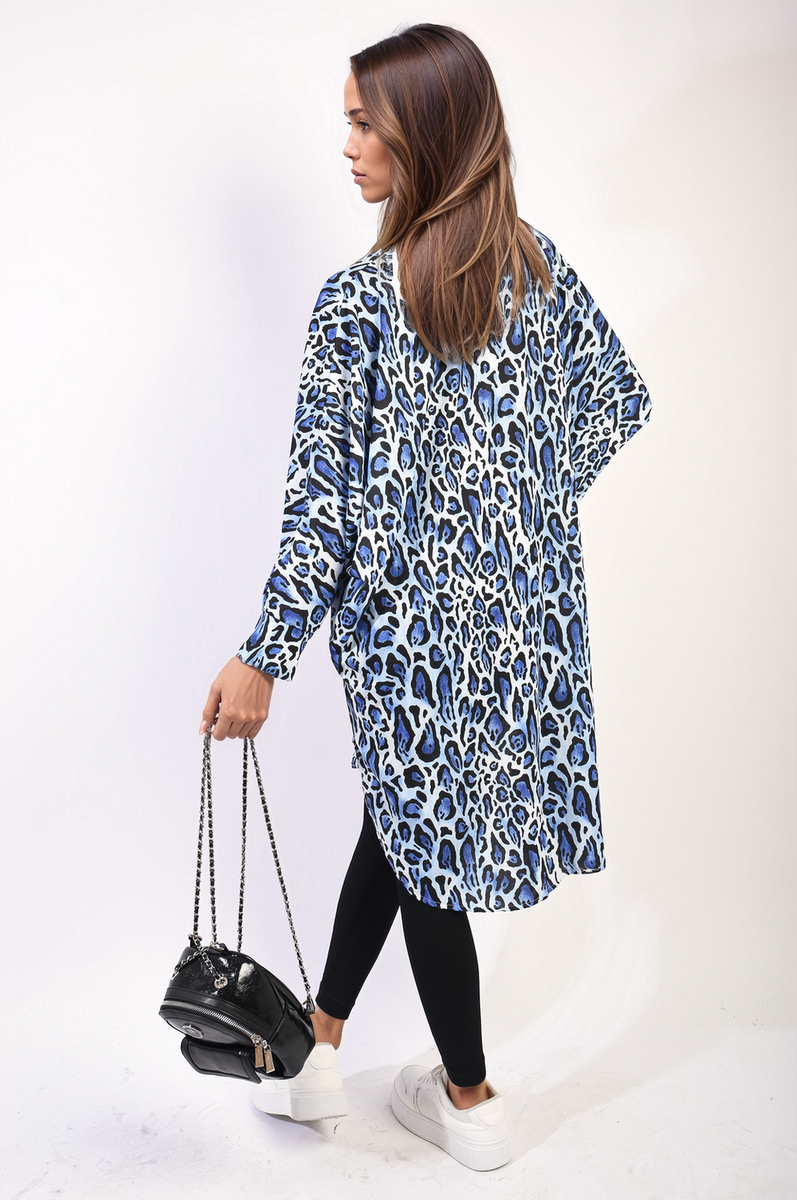 Oversized Long Sleeve Leopard Print Shirt Dress-3