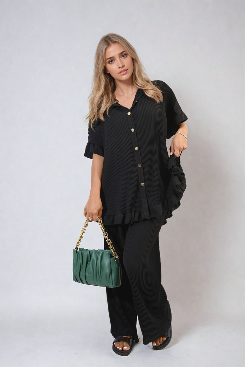 Button Pleated Frill Ruffle Top and Wide Leg Trouser Co-ord Set-6