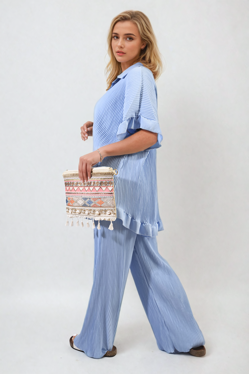 Button Pleated Frill Ruffle Top and Wide Leg Trouser Co-ord Set-4