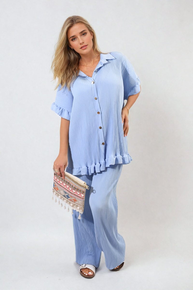 Button Pleated Frill Ruffle Top and Wide Leg Trouser Co-ord Set-5