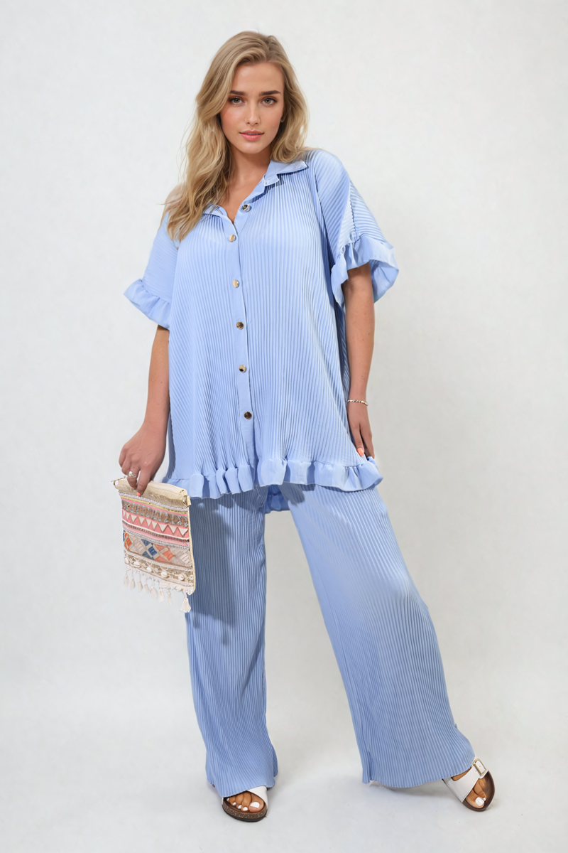 Button Pleated Frill Ruffle Top and Wide Leg Trouser Co-ord Set-3