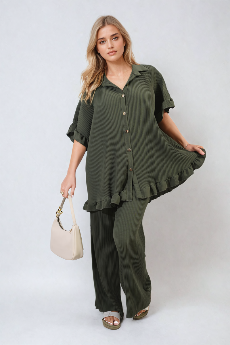 Button Pleated Frill Ruffle Top and Wide Leg Trouser Co-ord Set-8