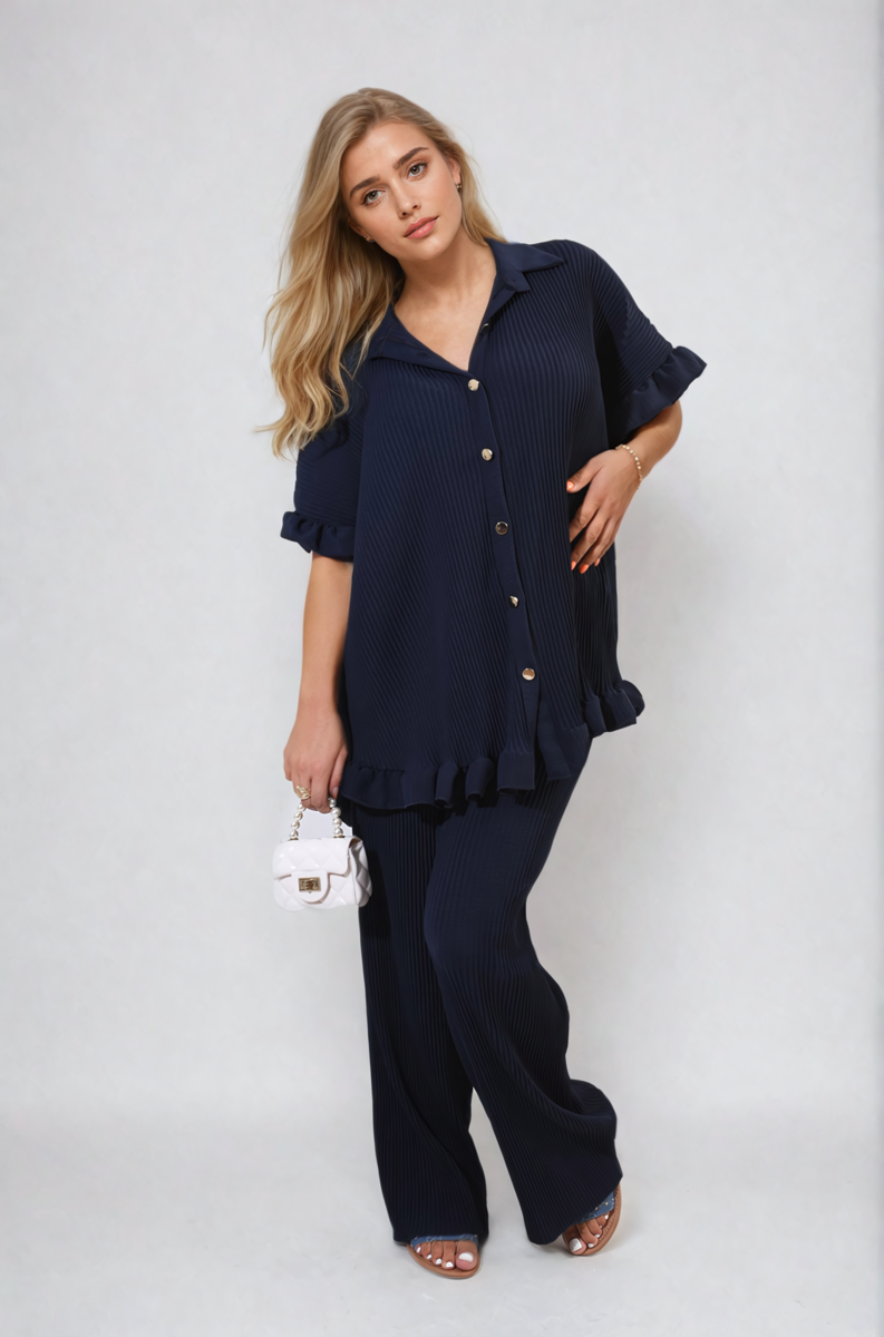 Button Pleated Frill Ruffle Top and Wide Leg Trouser Co-ord Set-2