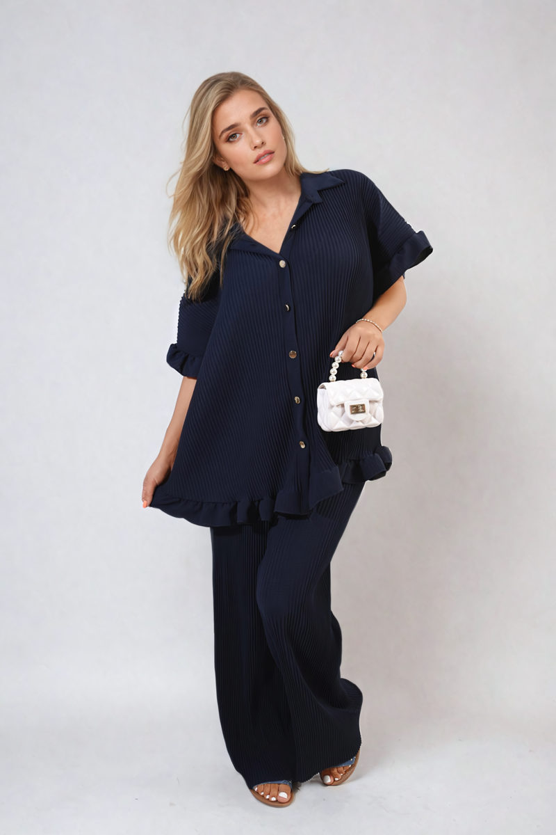 Button Pleated Frill Ruffle Top and Wide Leg Trouser Co-ord Set-0