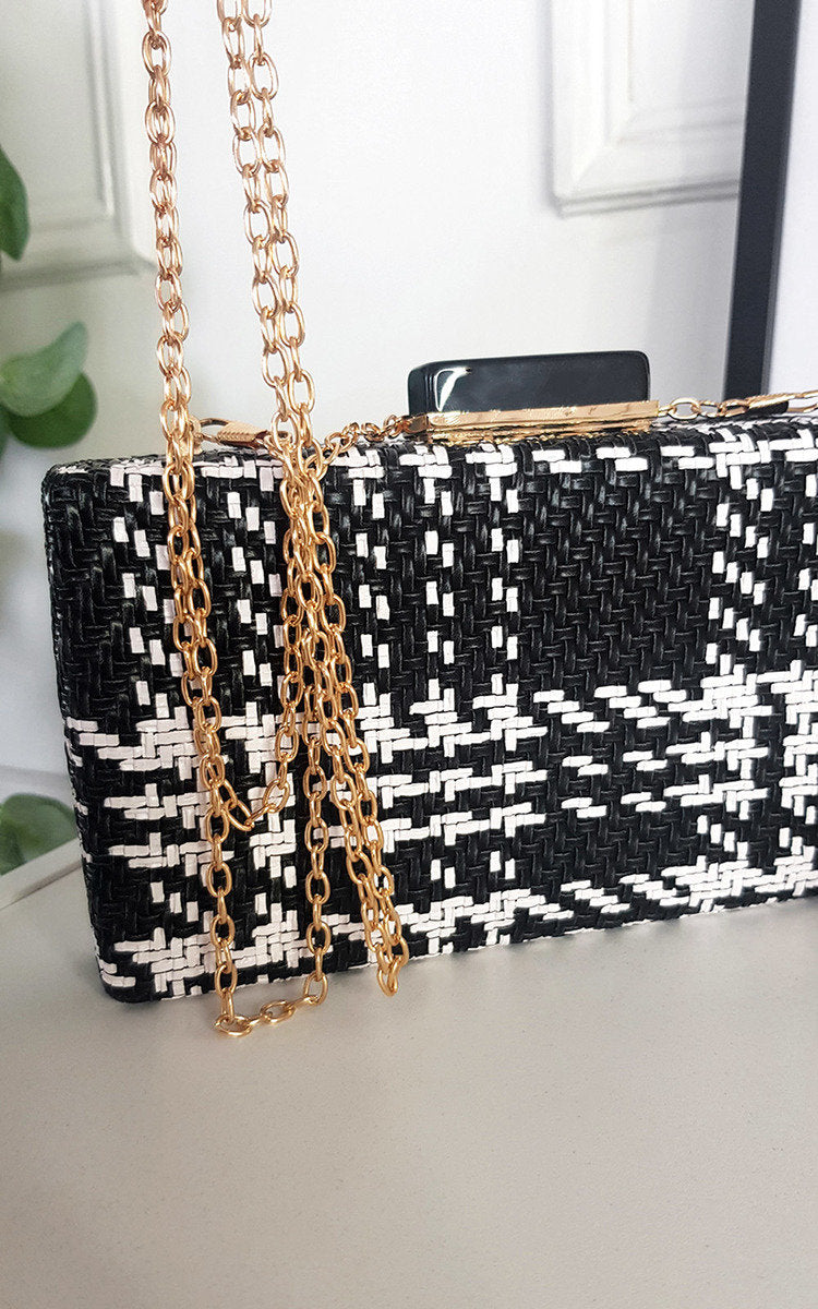 Woven Box Clutch with Long Strap Detail-1