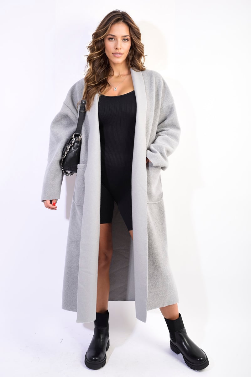 Open Front Pocket Long Loose Coat-2