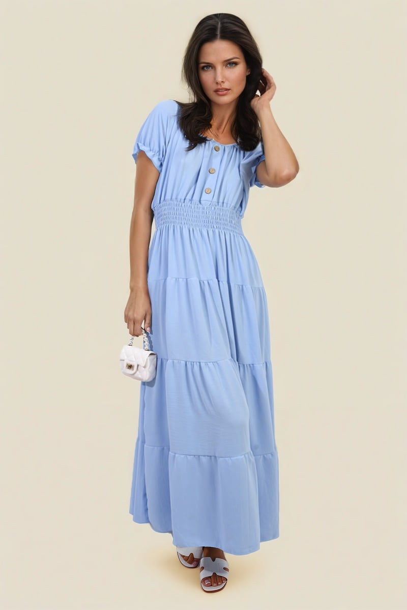 Smocked Waist Tiered Midi Dress-7